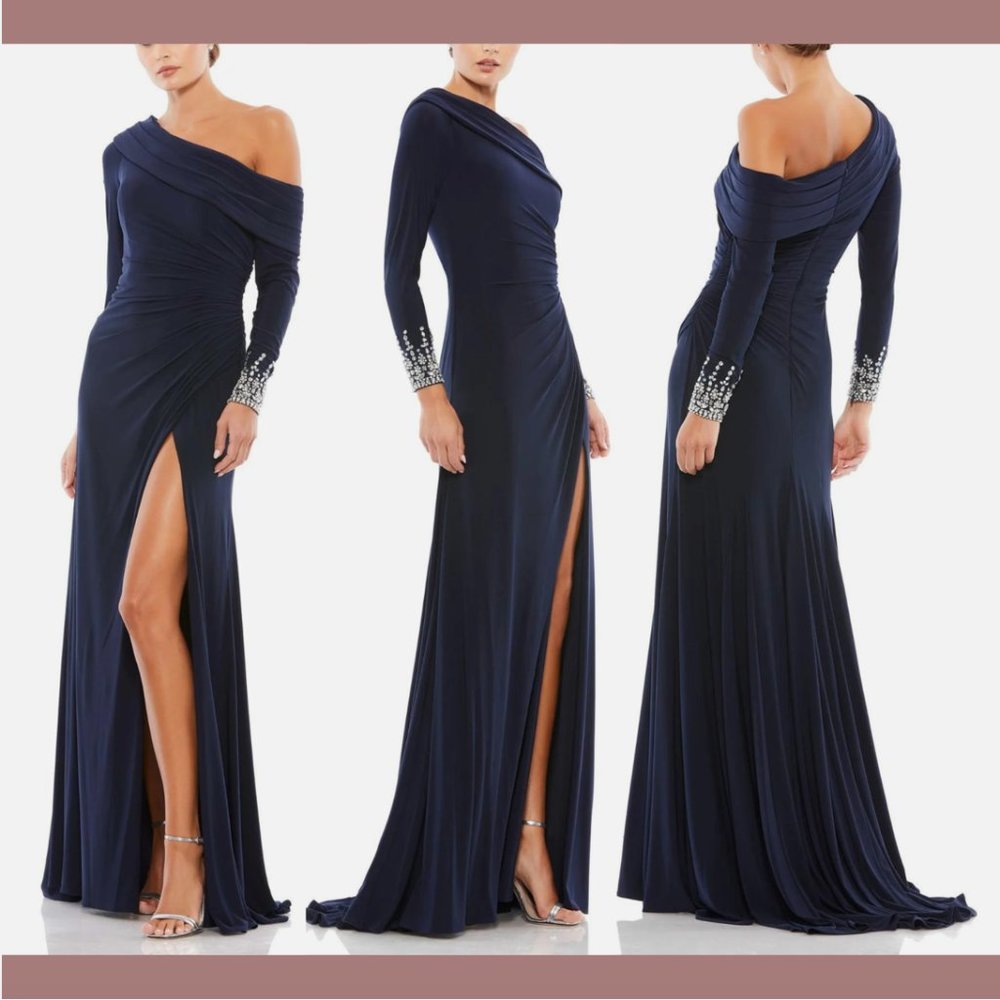 NWT$398 Mac Duggal [ 10 ] Bead Cuff Drop Shoulder Faux Wrap‎ Gown Blue Q620